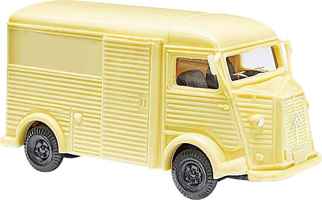 Yellow model of a classic delivery van with ribbed bodywork and round headlamps, displayed on a white background.