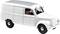 White, classic delivery van model car with rounded edges and windows in the driver's cab, tyres with simple rims.