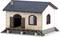 Small warehouse model with open wooden doors, brick walls and a dark pitched roof. Side windows with red frames.