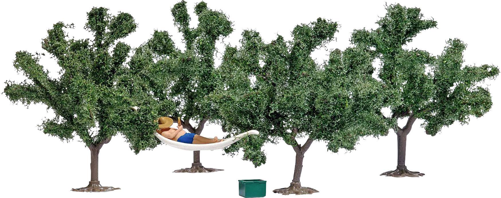 A person is lying in a hammock between five closely situated trees, relaxing in the shade.