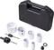 Hole saw set with six white crowns of various sizes, two carriers with drill bits and black plastic case.