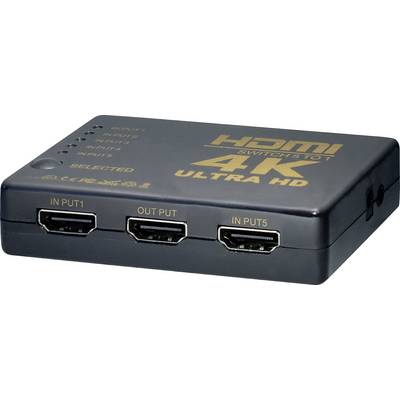 'HDMI Switch 5 to 1, 4K Ultra HD' displays inputs 1 to 5, with one output; compact box for multiple HDMI connections.