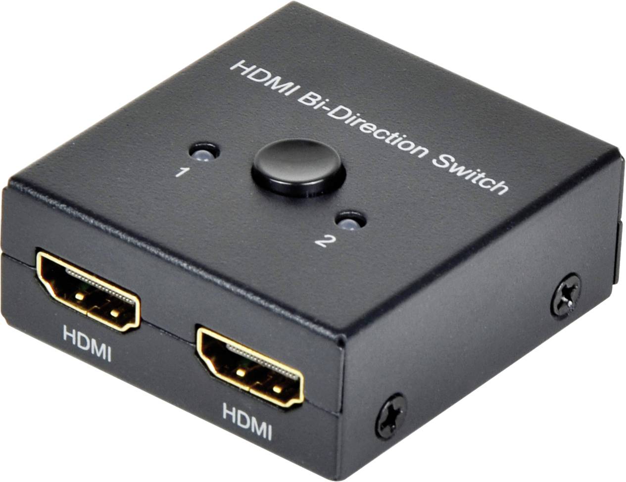 A black HDMI switcher with two HDMI ports and a central button for selecting port 1 or 2.
