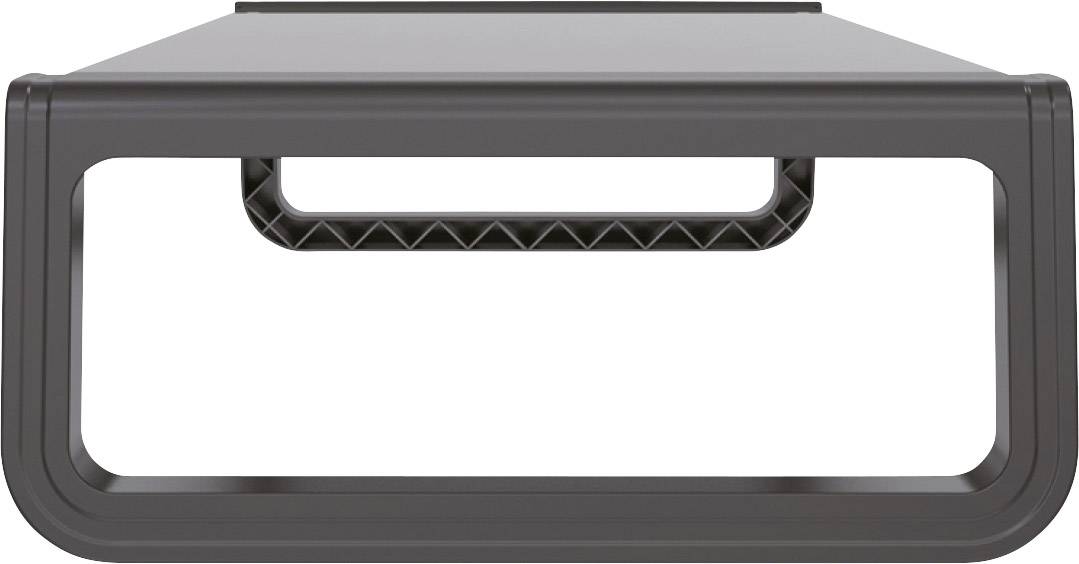 'Close-up of a stackable black desk module with a carry handle, robust design and smooth surface, suitable for office or home.'