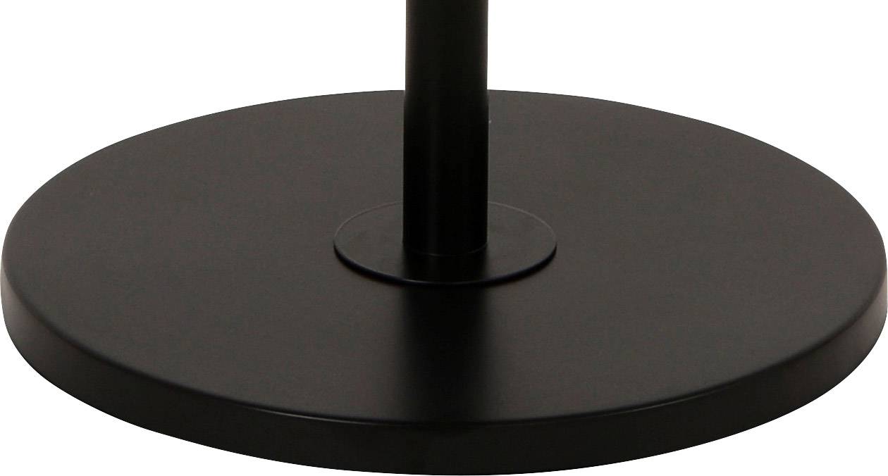 A round, black metal stand with a smooth surface, serving as a base for a vertical rod or pole.