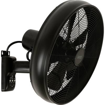 Black wall-mounted fan with protective grille and controls at the base.