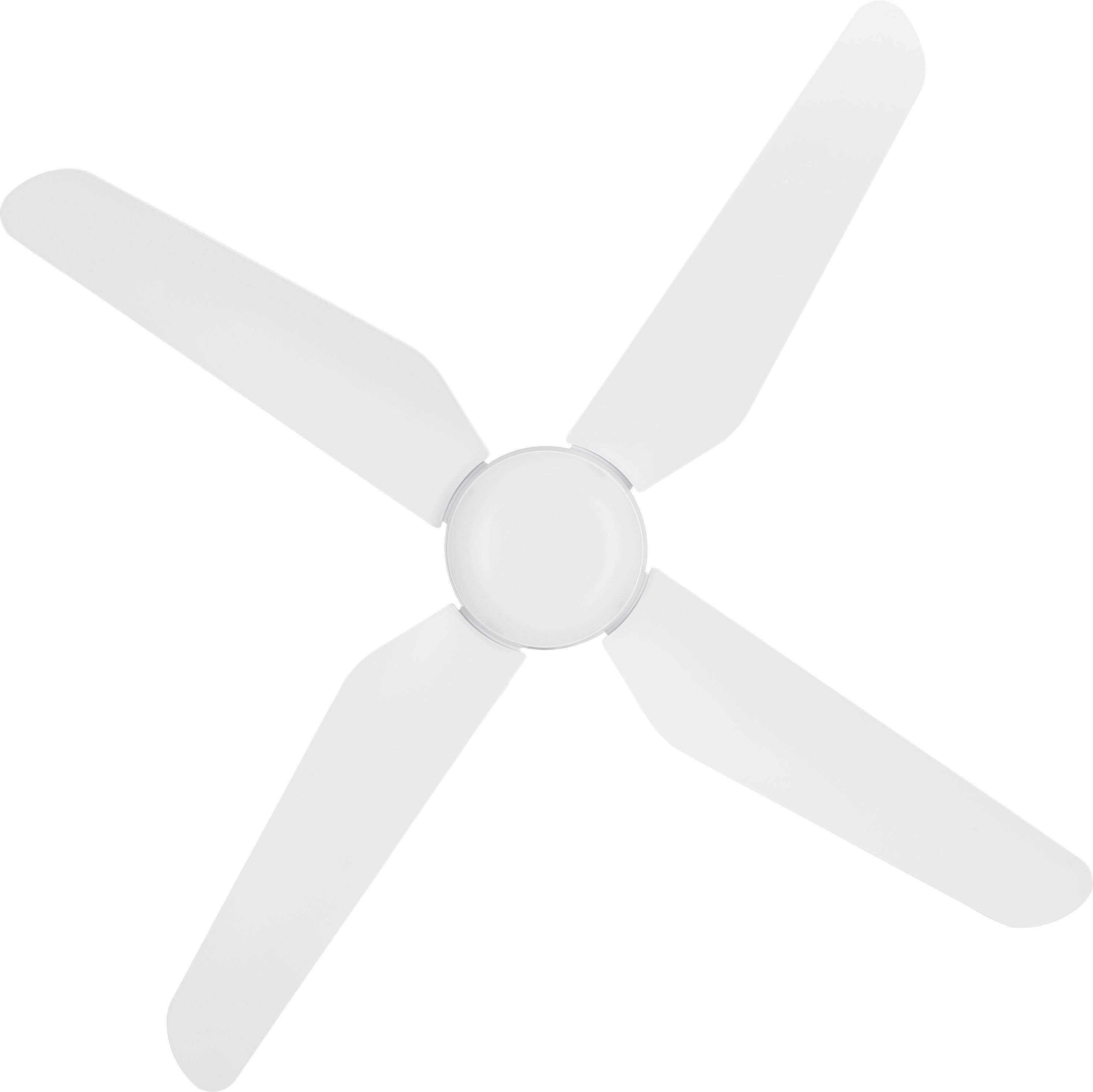 A white, modern ceiling fan with four slender blades arranged symmetrically, set against a white background.