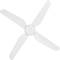 A white, modern ceiling fan with four slender blades arranged symmetrically, set against a white background.