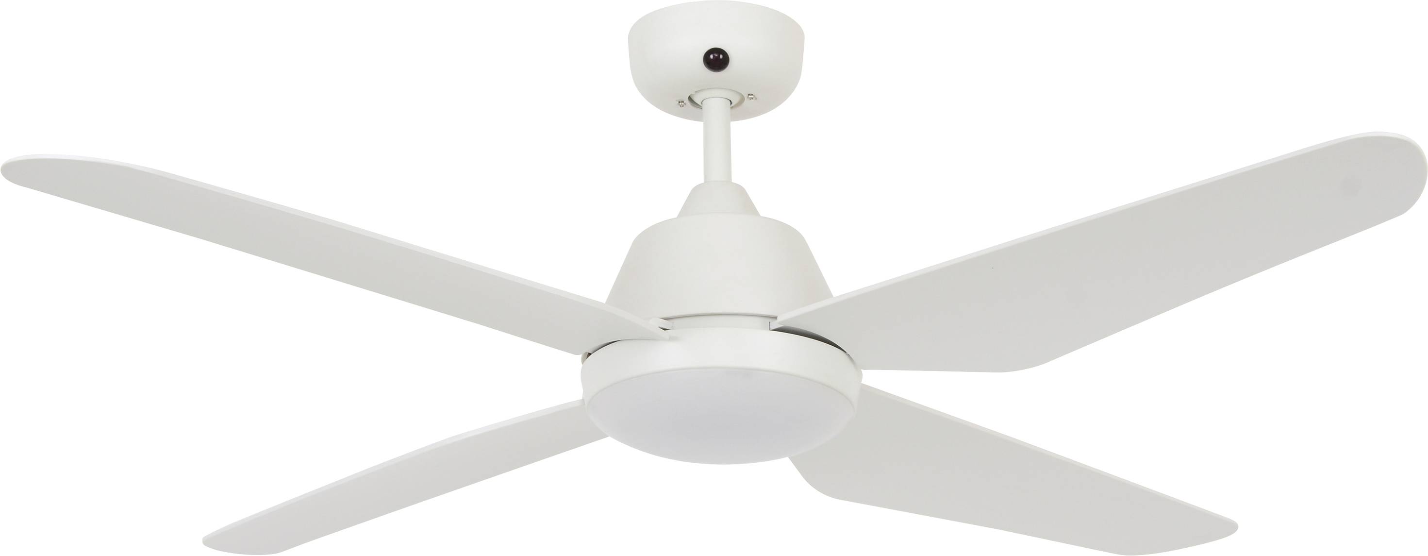 A white ceiling fan with four flat blades against a neutral background.
