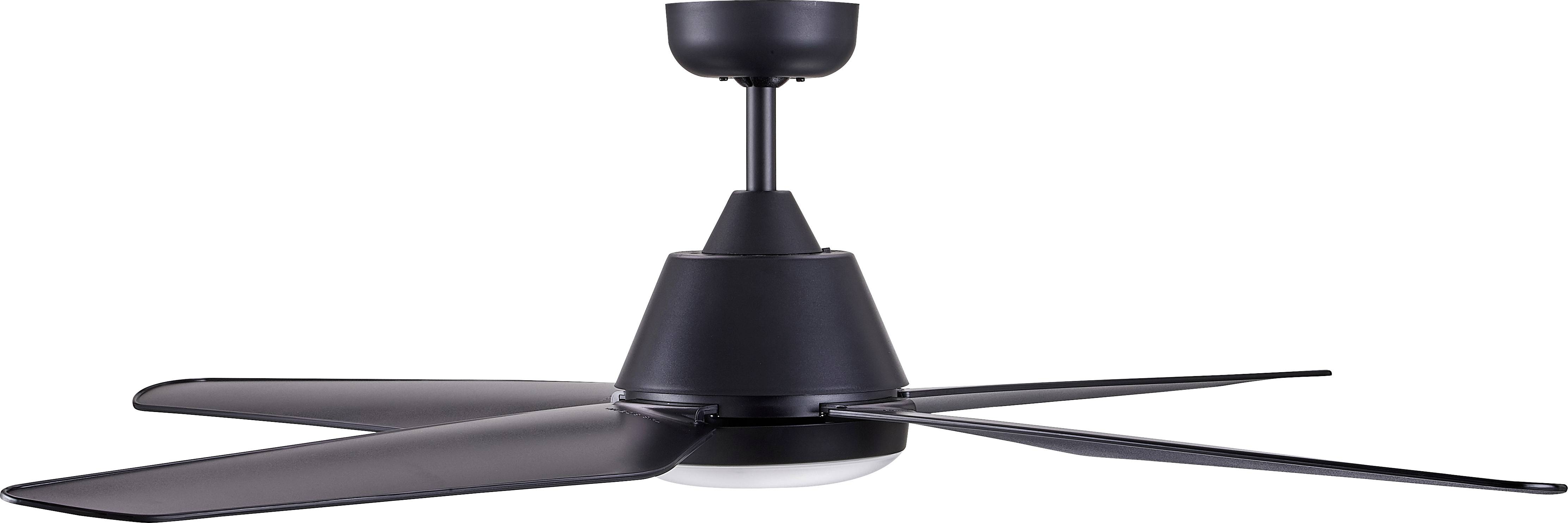 Black ceiling fan with four straight blades, modern design, mounted on the ceiling.