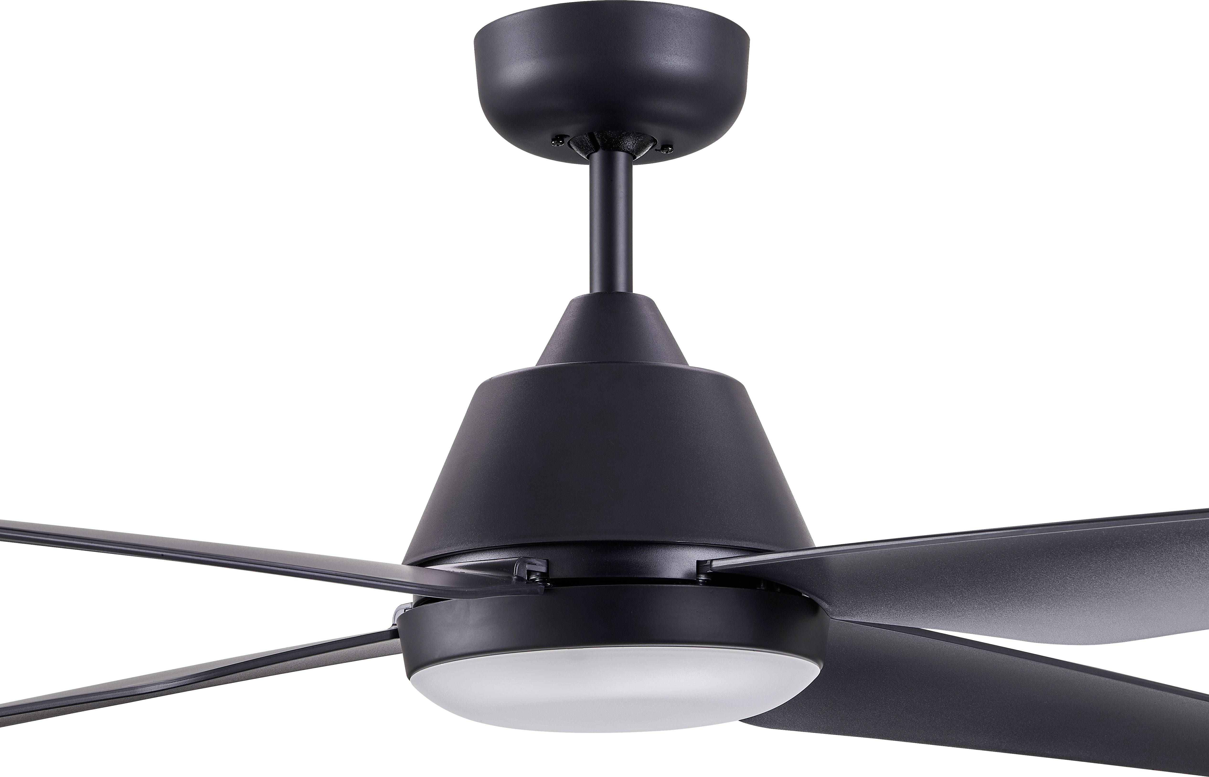 A modern, black ceiling fan with three blades and a central LED light in the middle.