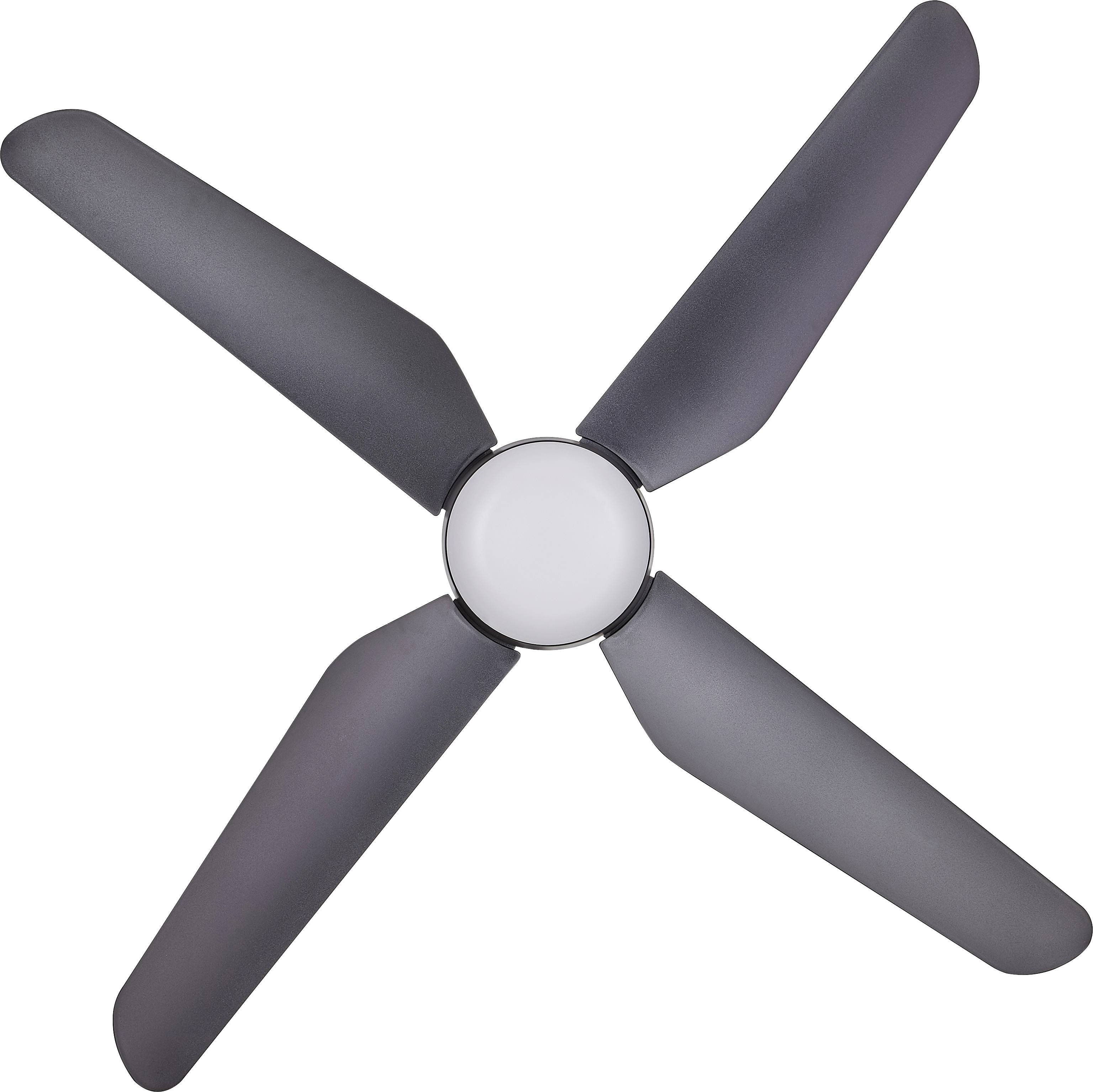 A three-bladed ceiling fan in black, viewed from below.