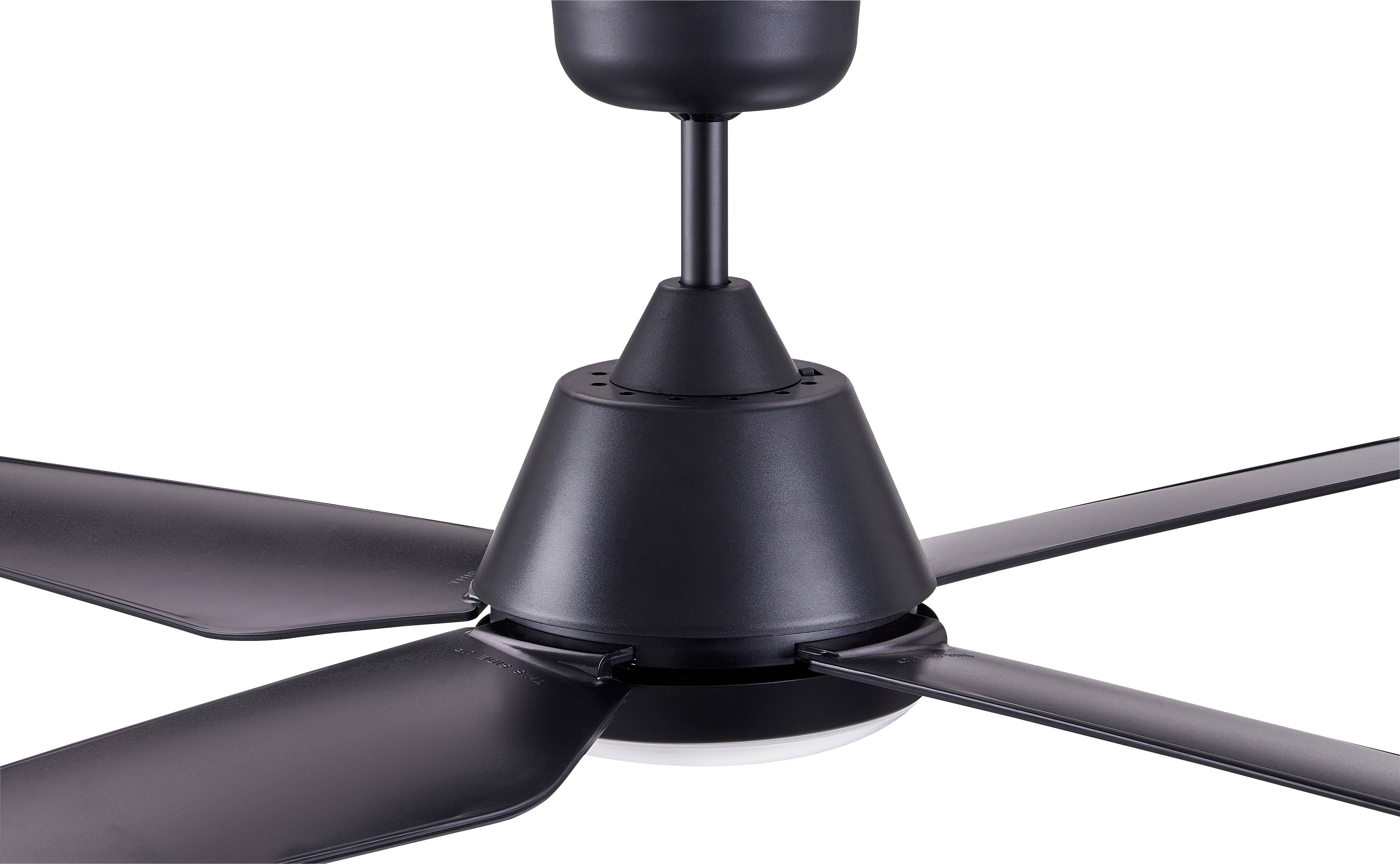 A black ceiling fan with four blades, mounted on a ceiling, displays a modern and minimalist design.