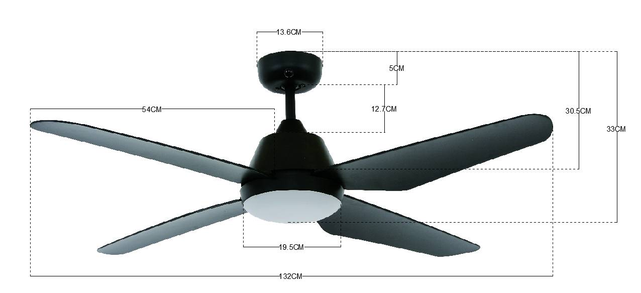A ceiling fan with four blades and integrated light, in black, depicted with detailed dimensional specifications.