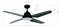 A ceiling fan with four blades and integrated light, in black, depicted with detailed dimensional specifications.