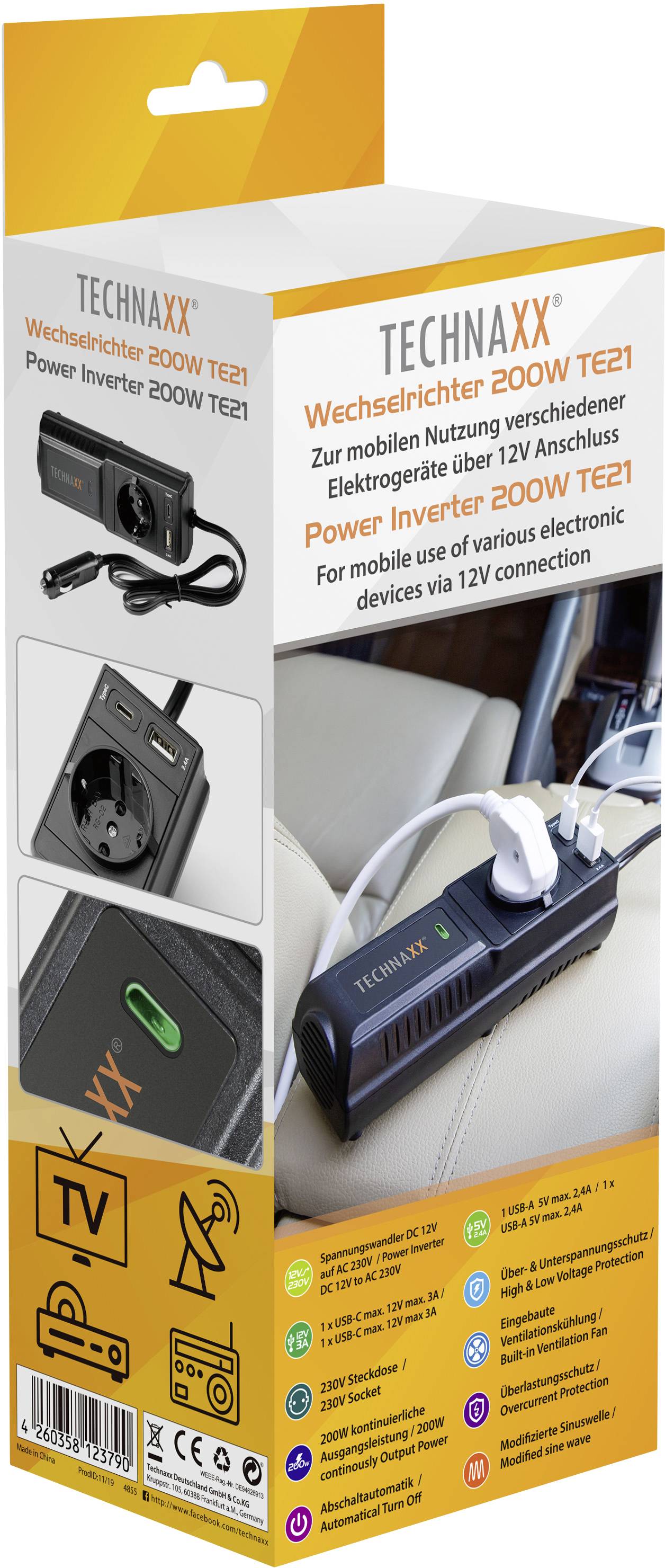 Packaging for the Technaxx 200W Inverter TE21, displaying an image of the product with a power socket and device icons; converts 12V to 220V.