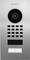 A stainless steel door intercom with a camera, microphone, speaker, and a button with a bell symbol.
