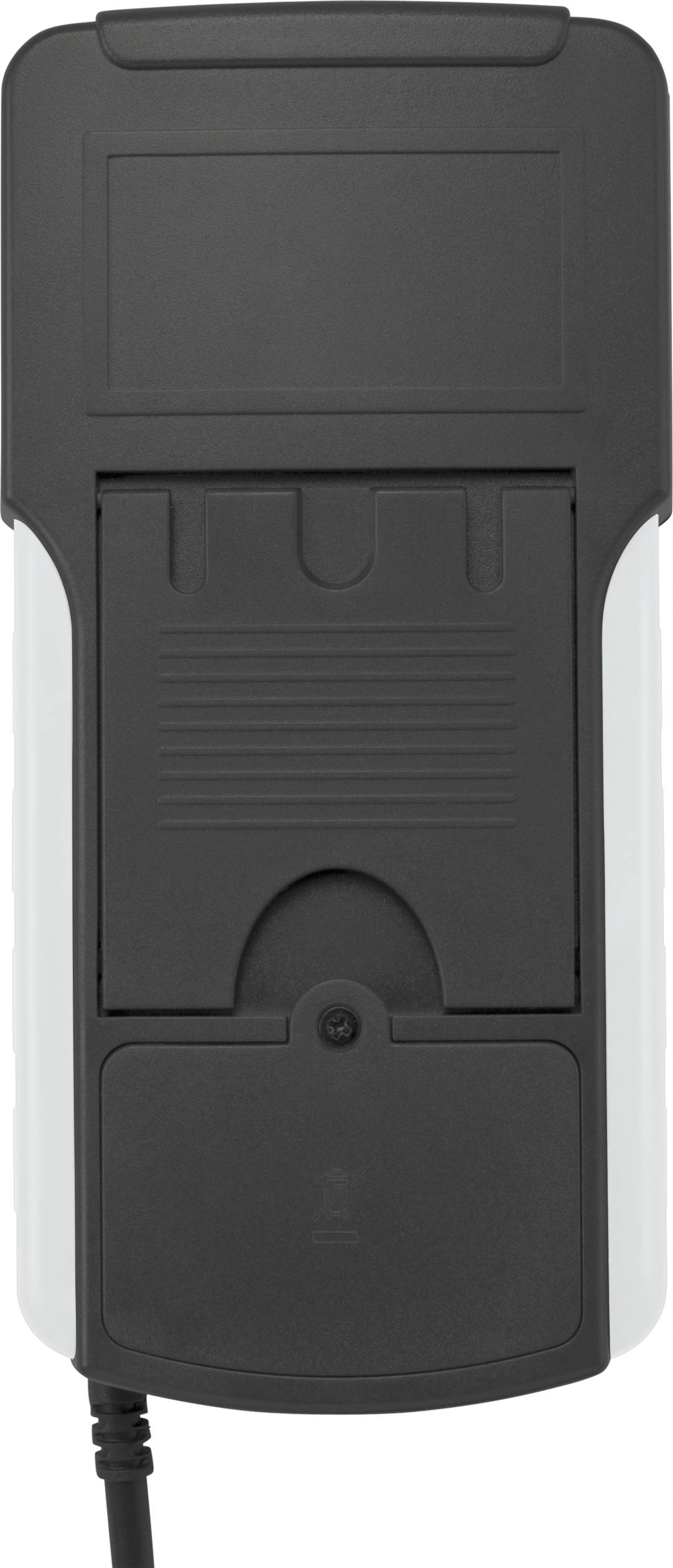Digital handheld measuring device with display and buttons on the front, back showing battery compartment cover.