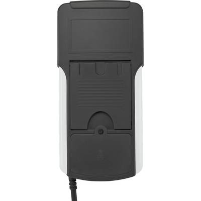 Digital handheld measuring device with display and buttons on the front, back showing battery compartment cover.