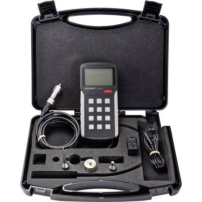 A case containing a measuring instrument, cables, and accessories. The device has a display and a keypad. It is designed for precise measurements.