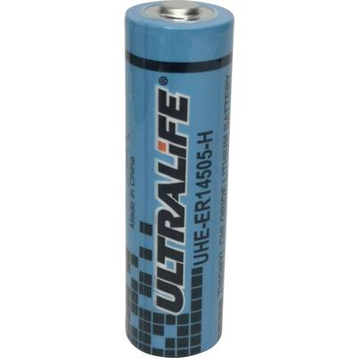 A blue lithium battery with the inscription 'Ultralife UHE-ER14505-H' and manufactured in China.