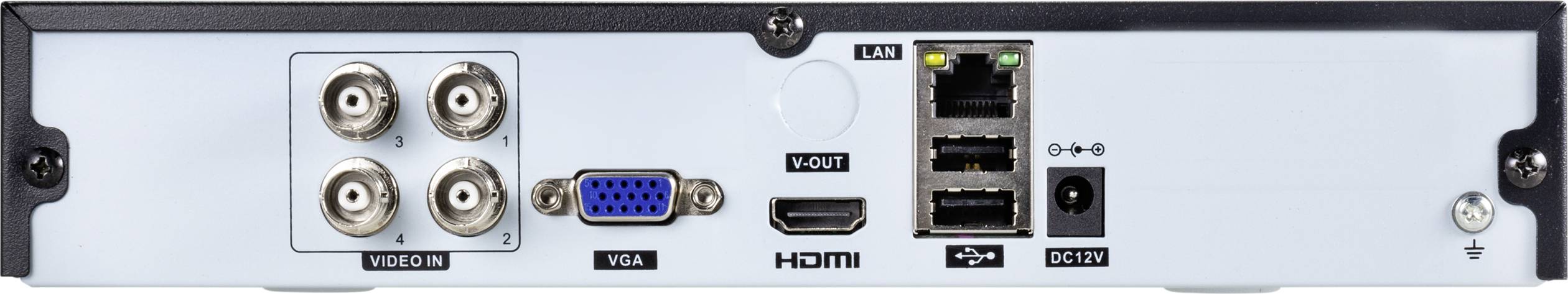 'Back of an electronic device with video and audio connections: four BNC ports, VGA, HDMI, USB, LAN and power connection.'
