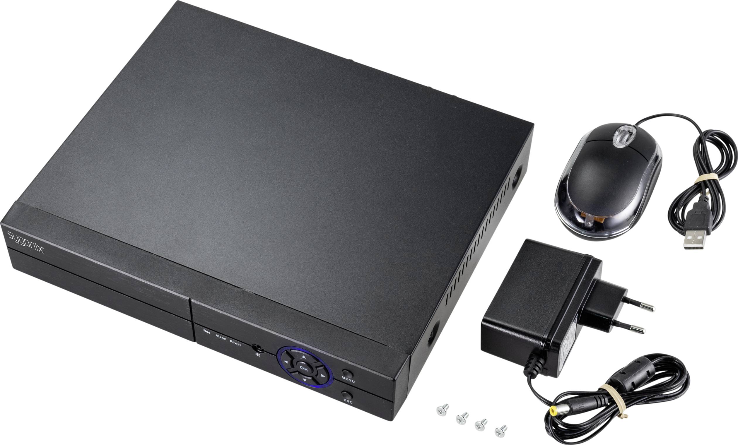 A black digital recorder with power supply, USB mouse, and cables. Accessories are placed beside the recorder.