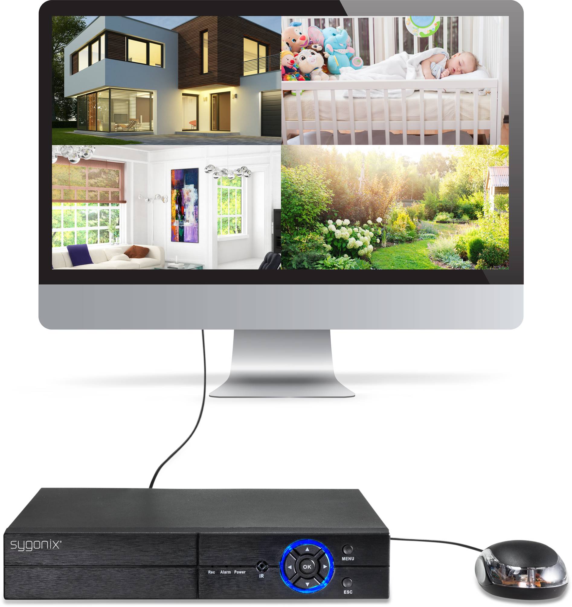 Monitor shows a house, living room, garden and sleeping baby. In the foreground, a black recorder connected with a cable.