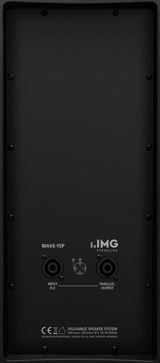 Rear view of a speaker, model 'Wave-15P'. Shows input and parallel output connections, along with brand logo and CE mark.