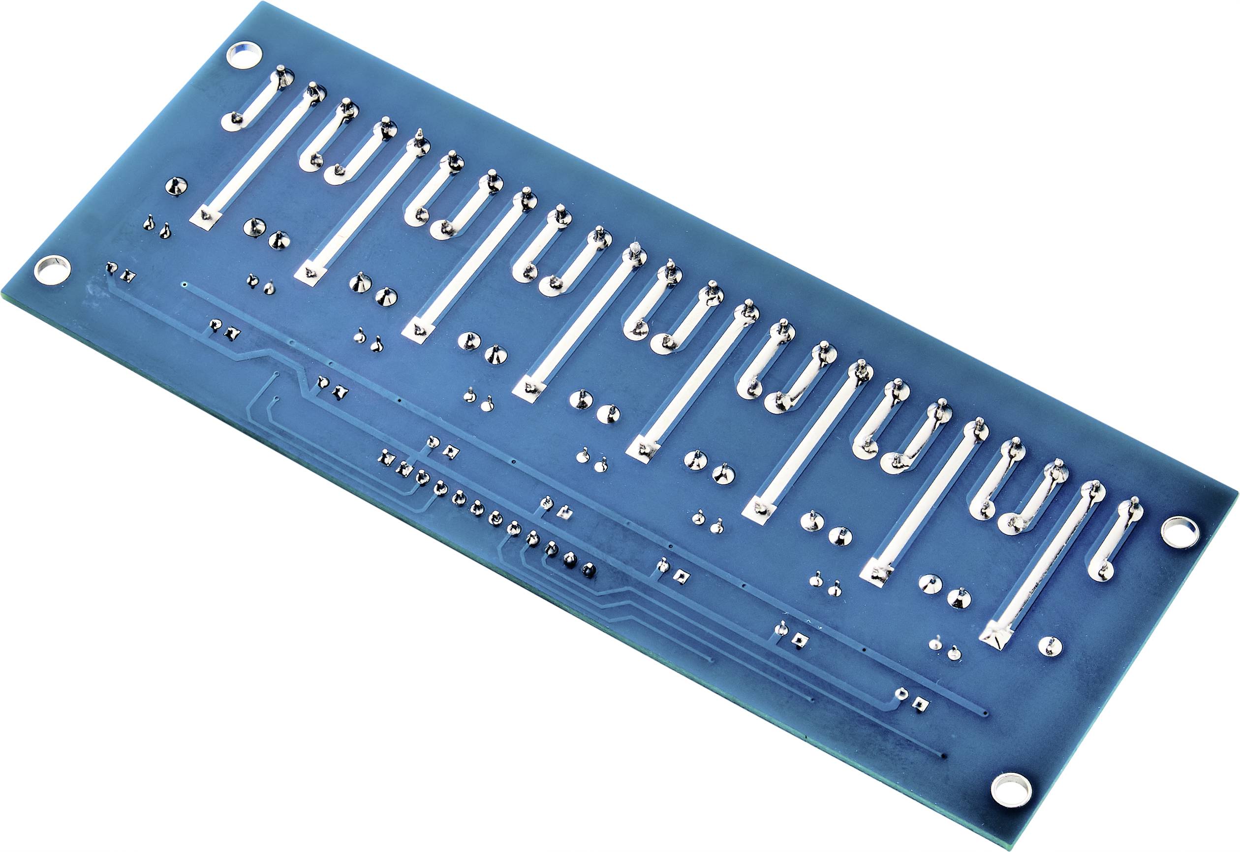 Electronic circuit board with a blue surface and silver conductive tracks. Contains multiple contact points and is intended for use in electrical circuits.