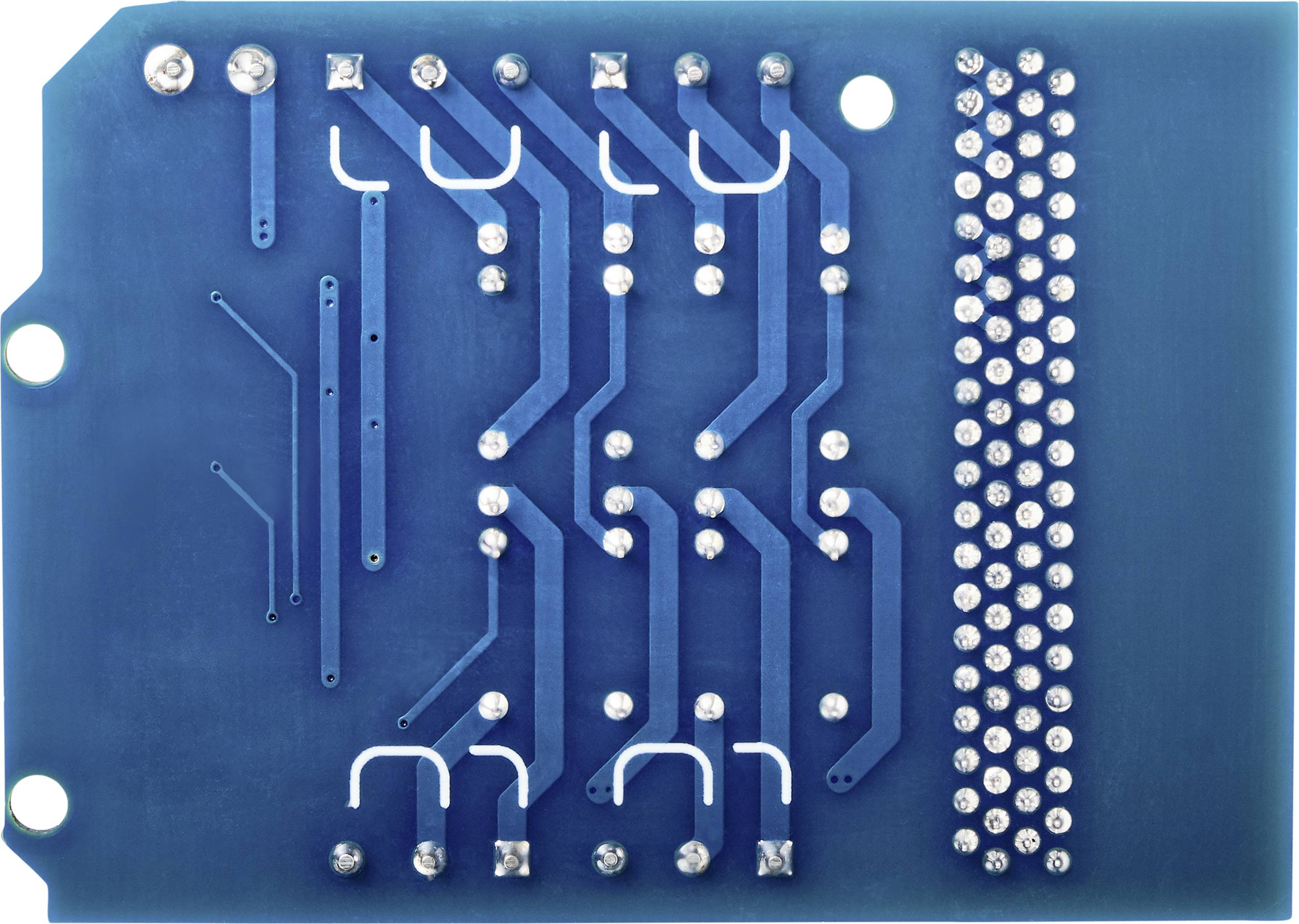 Back of a blue printed circuit board with visible copper tracks and solder points. Predominantly horizontal and vertical line patterns.
