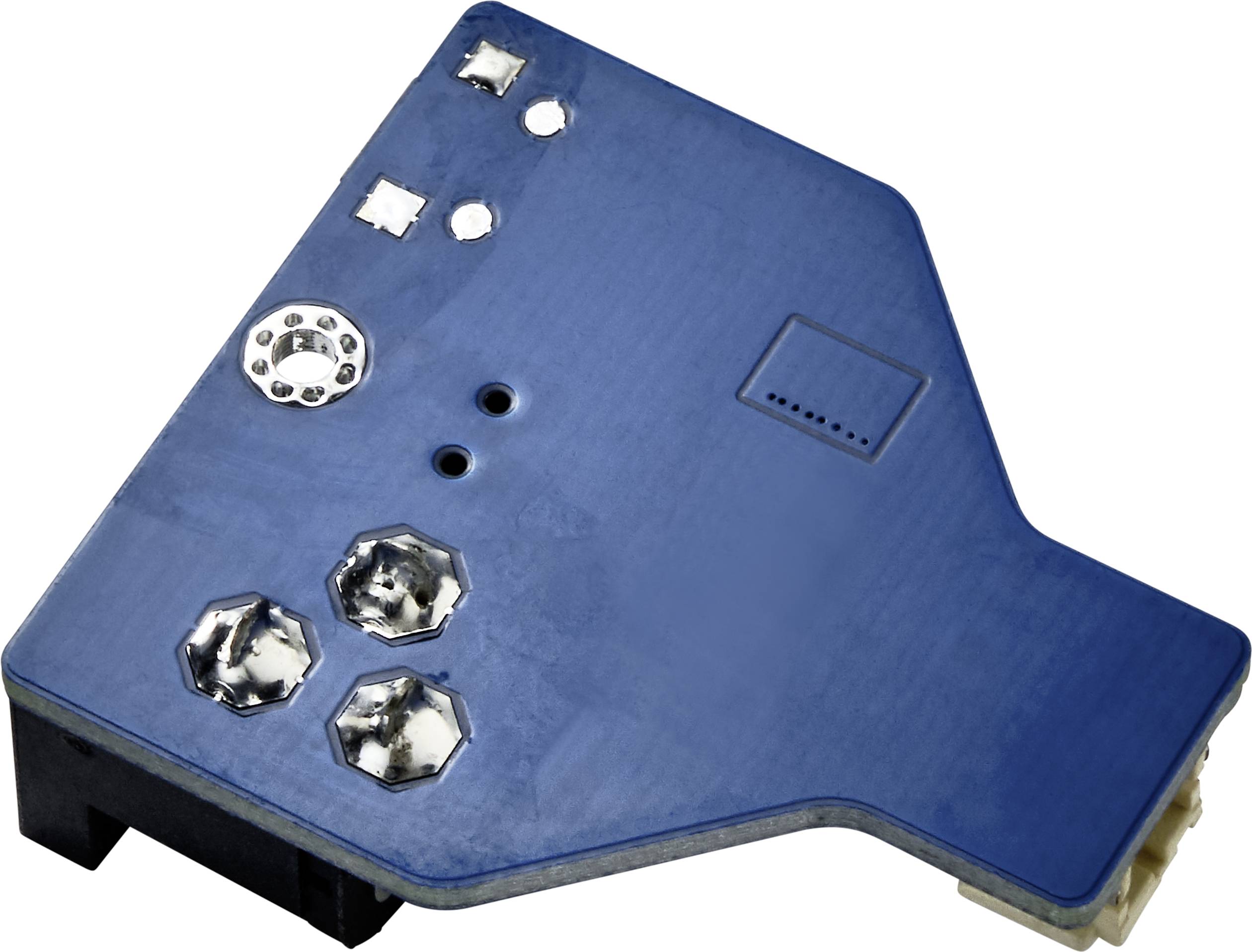 A blue electronic module with multiple round contacts and a connector socket. It is intended for electronic applications.