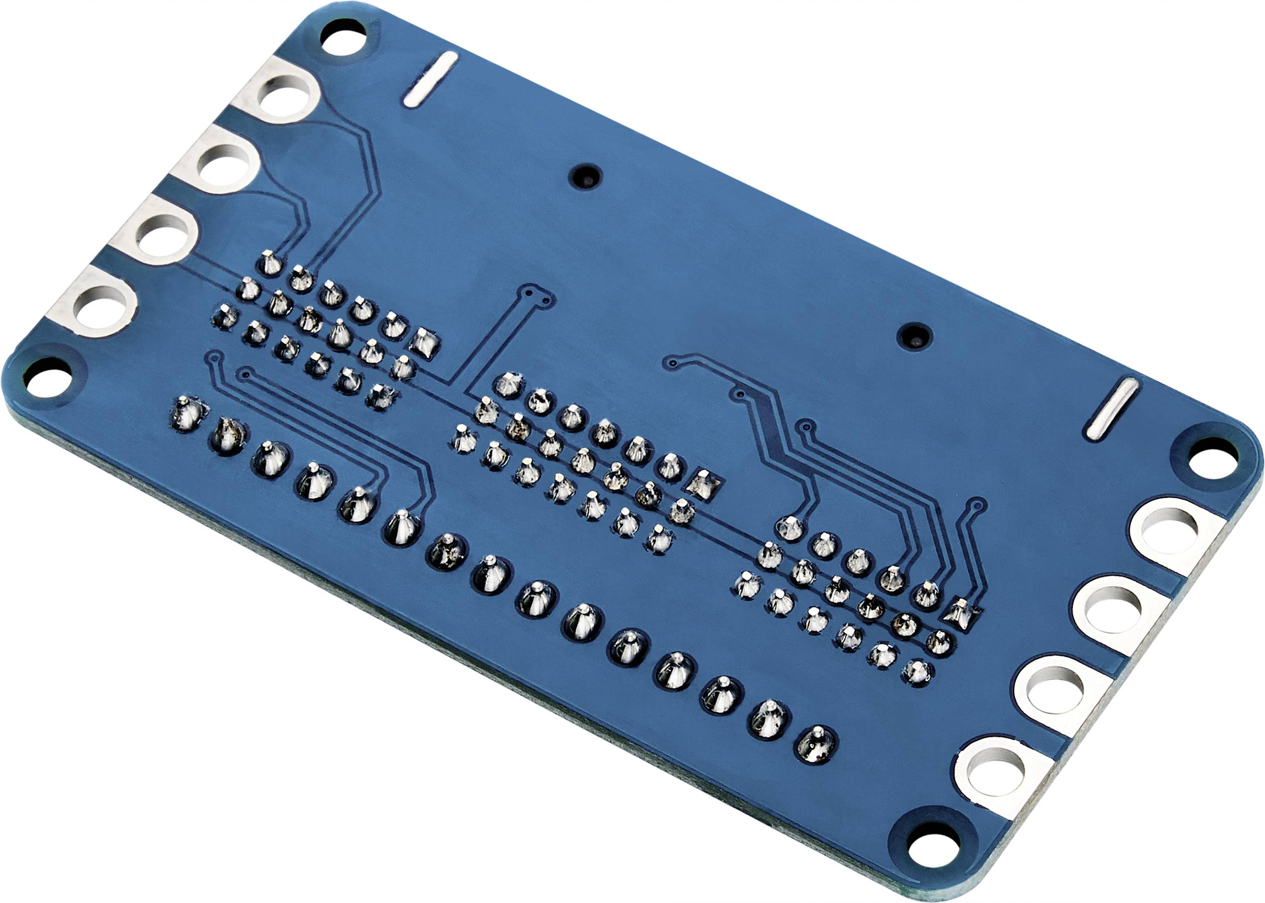 'Microcontroller board in blue with multiple soldering contacts. Contains circuit boards and connections for electronic interfaces.'