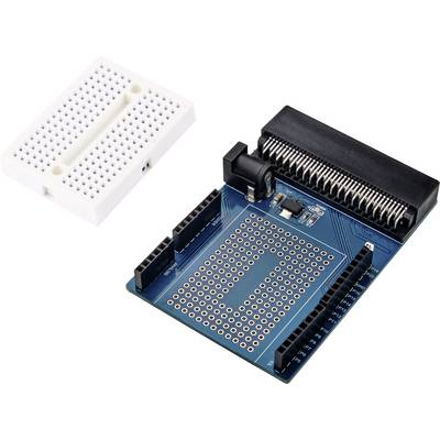 'Breadboard and expansion board with pins and connectors, for use in electronics projects and prototype development.'