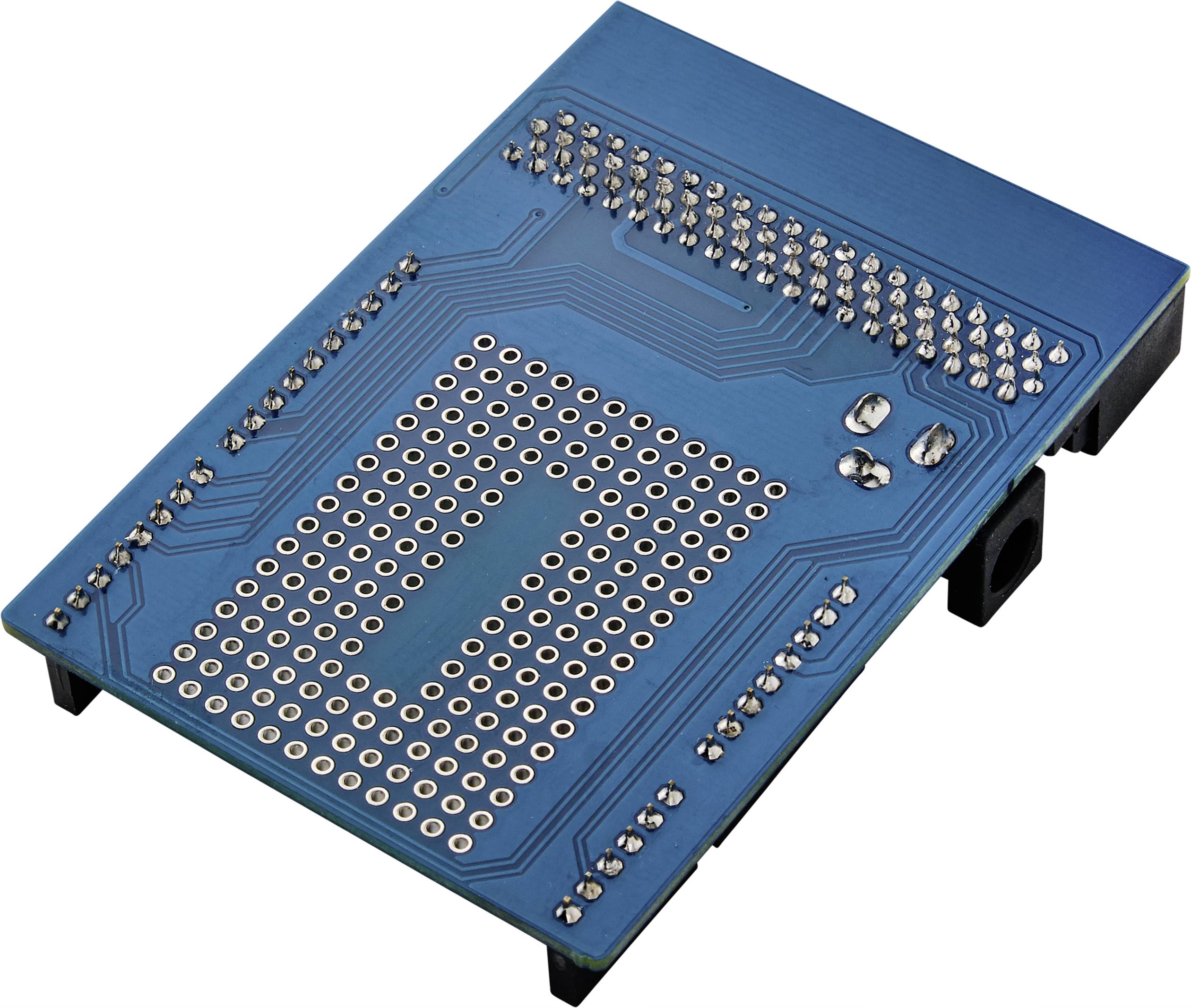 Blue printed circuit board shield with numerous solder points and connector interfaces, used for electronics projects and prototyping.