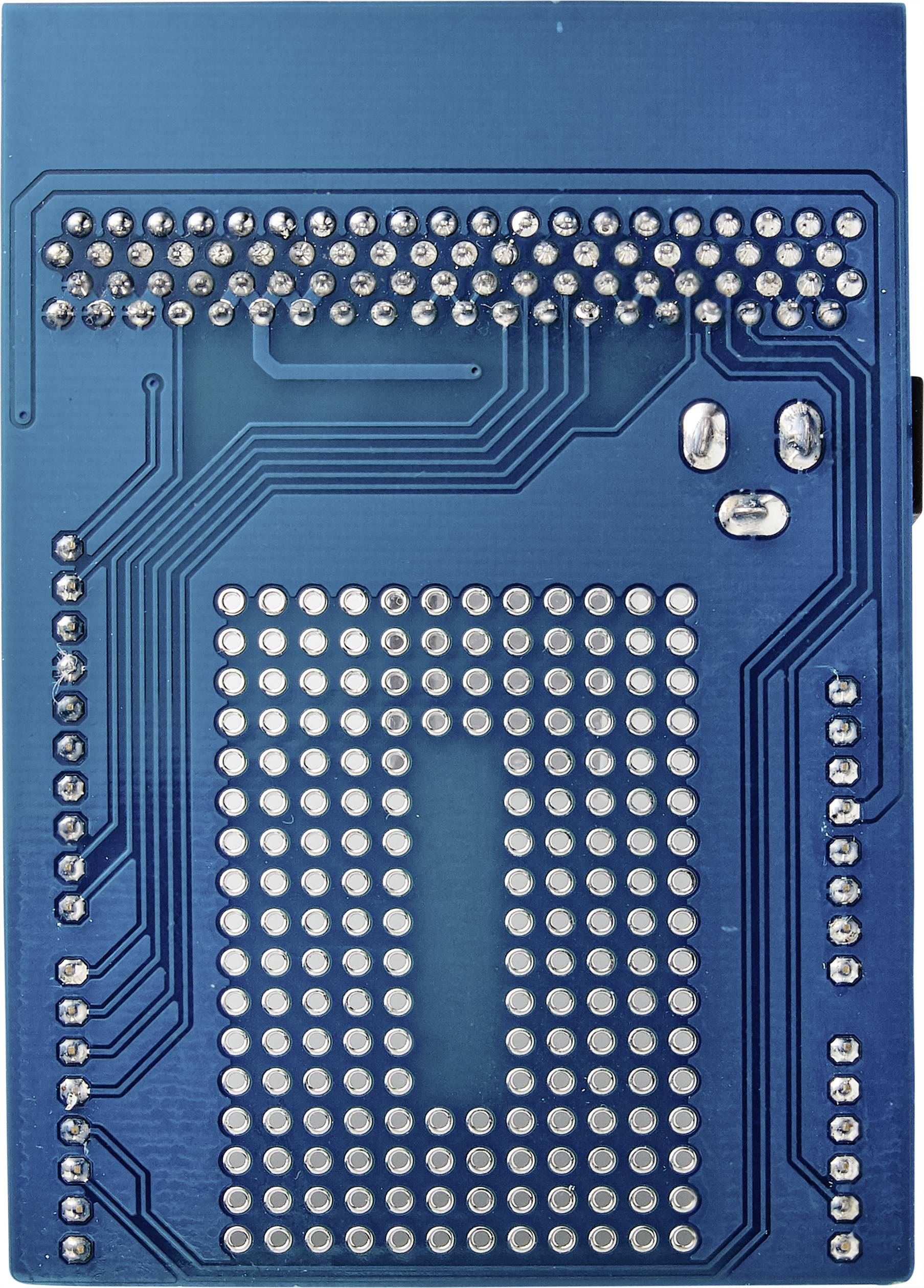 Blue computer microchip board with visible circuit tracks and pins in a vertical arrangement.