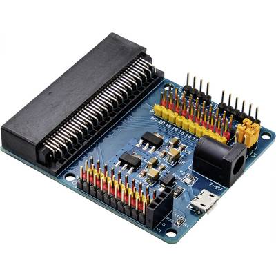 A blue printed circuit board with multi-row pins, a black connector, and a micro-USB socket, designed for electronic development.