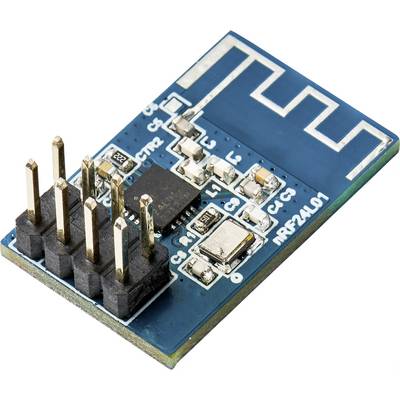 Close-up of an NRF24L01 RF module with antenna and pin connectors. It is used for wireless communication in projects.