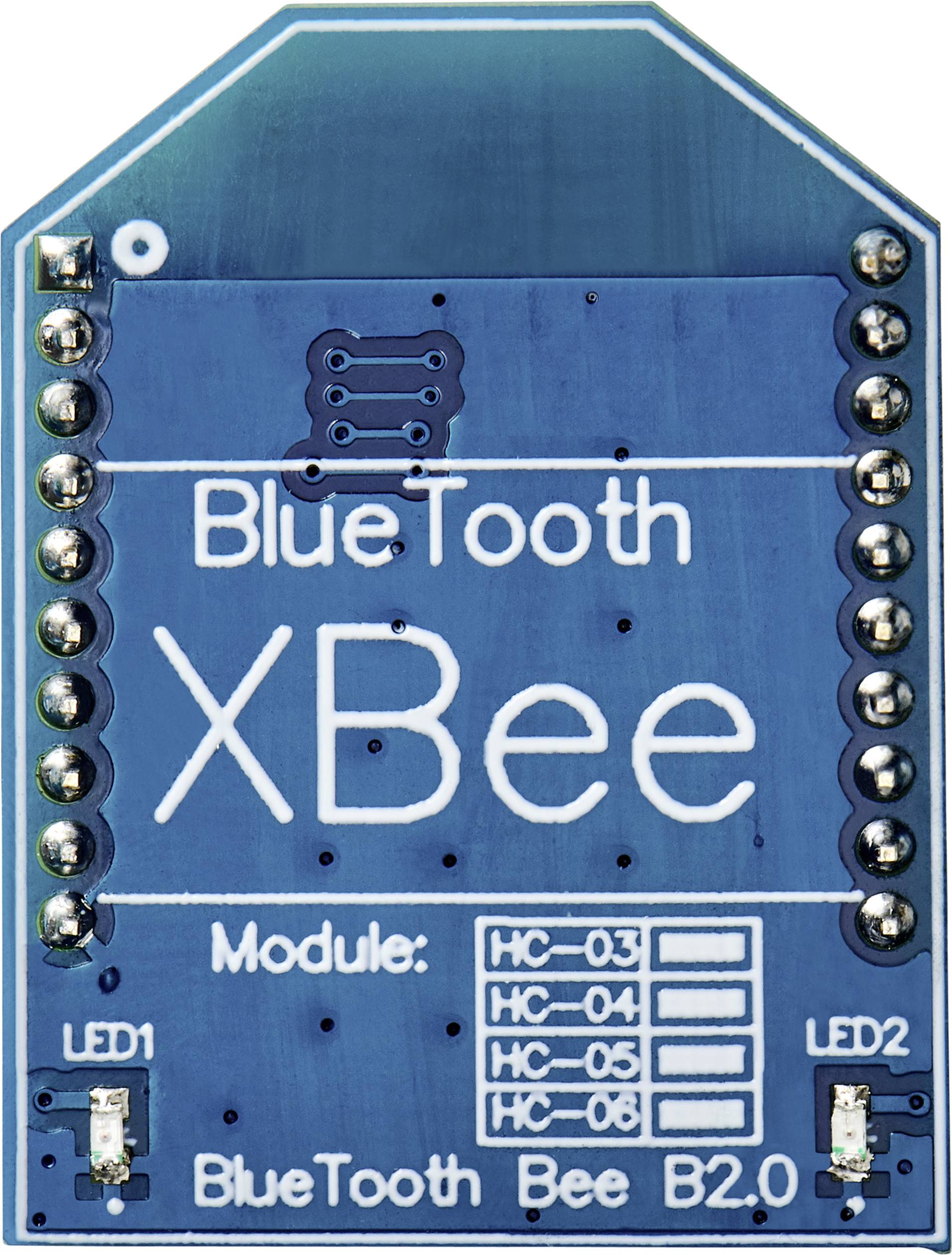 Blue XBee module with white print 'Bluetooth' and 'Module: HC-03, HC-05'. LEDs LED1 and LED2 at the bottom.