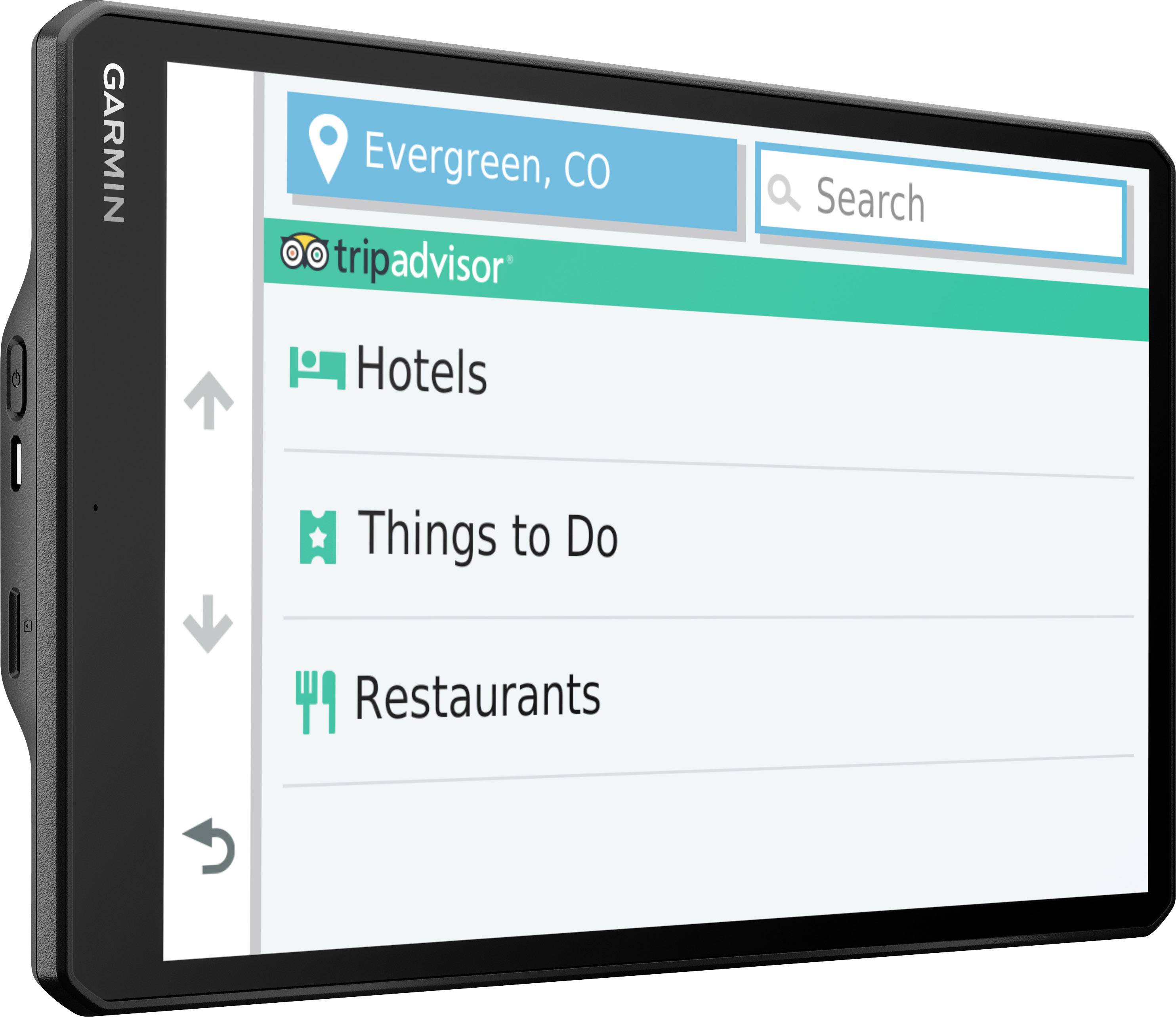 The image shows a Garmin GPS navigator screen with options for Hotels, Activities, and Restaurants in Evergreen, CO.