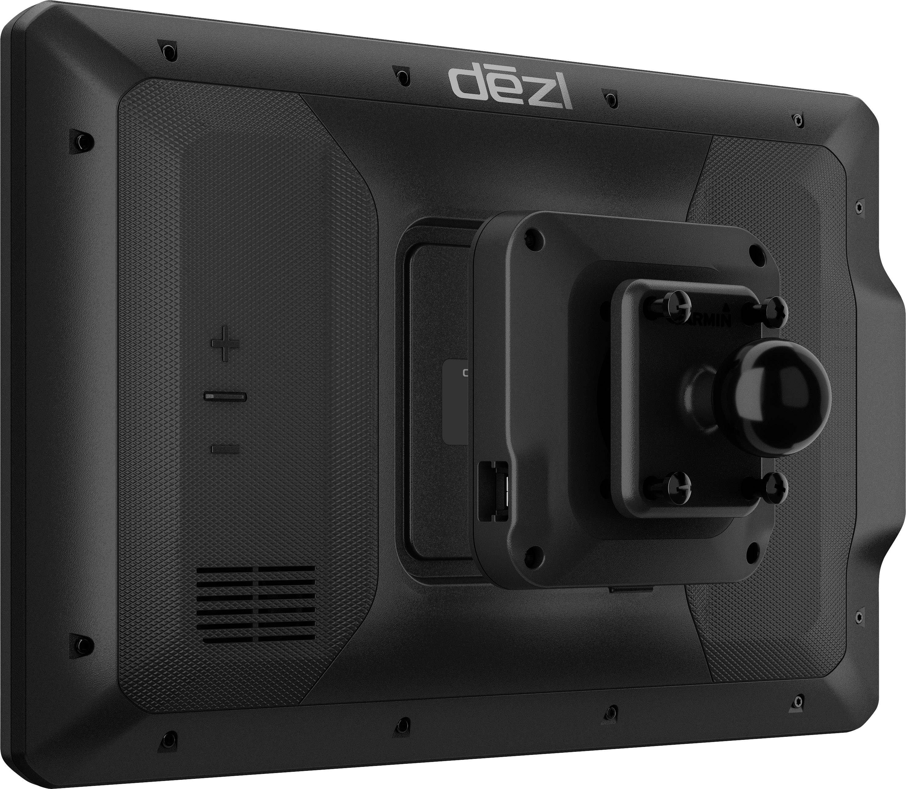 Navigation device from behind with brand logo 'dezl', showing mounting bracket and ventilation slots.