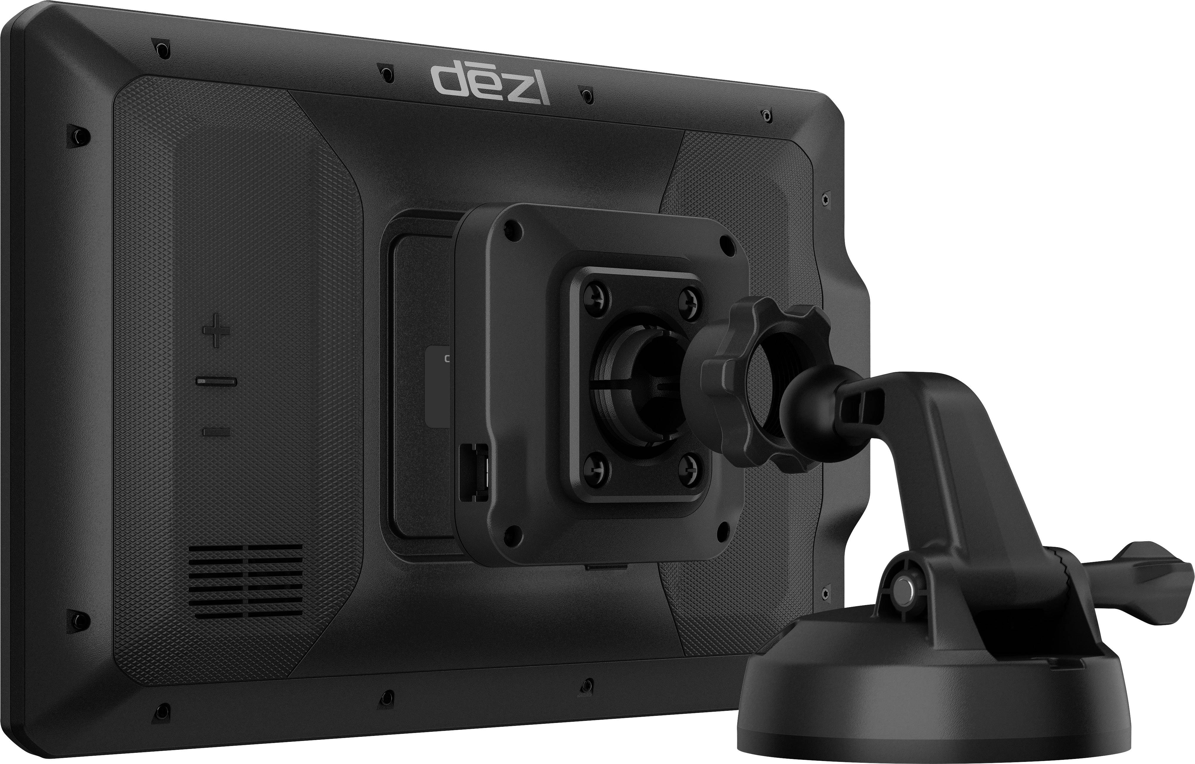 Back of a GPS device with a suction cup mount, showing control buttons and mounting elements.