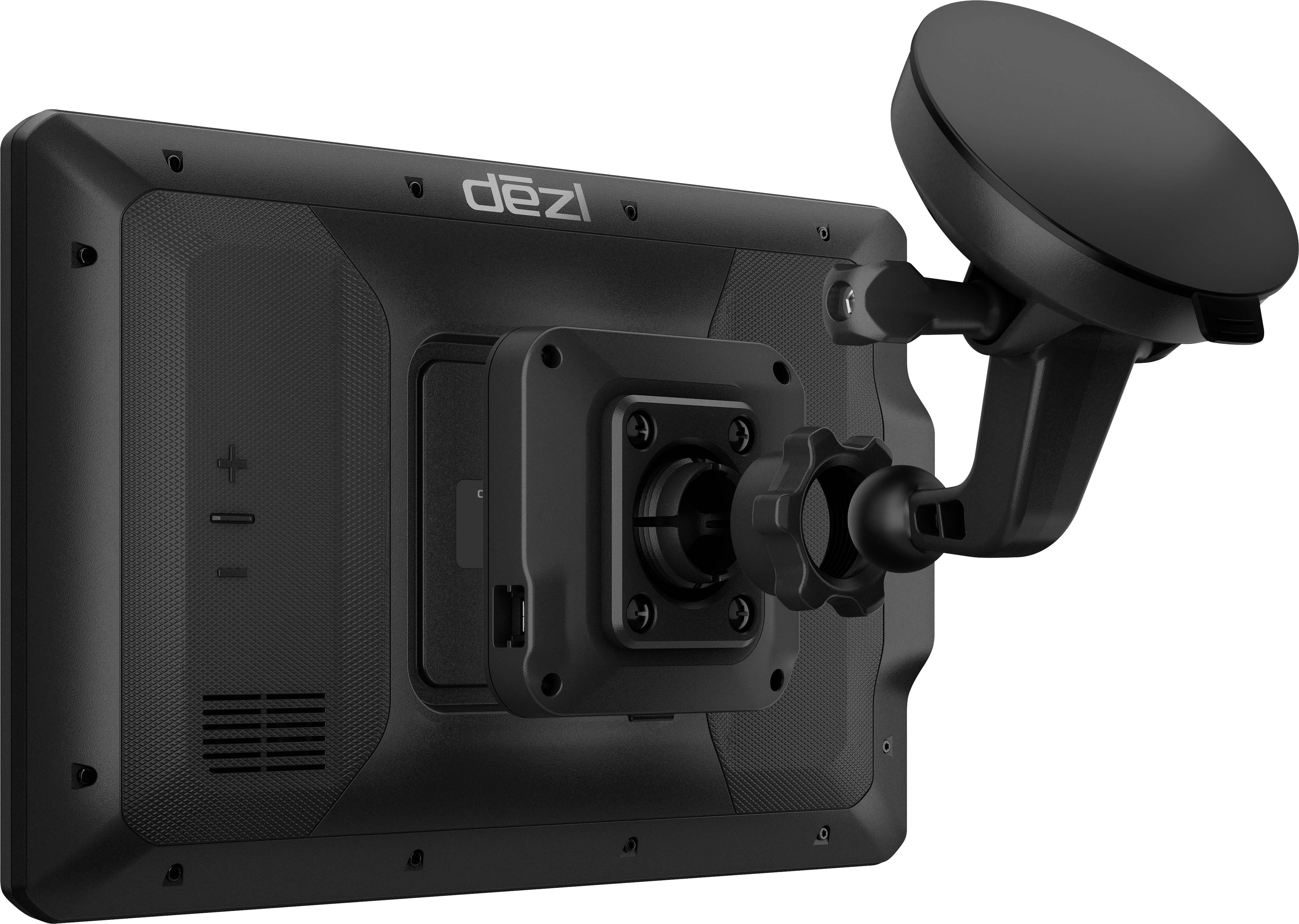 Navigation device with mount, rear view. Simple design, dark grey-black, rectangular, with 'dēzl' logo on the top surface.
