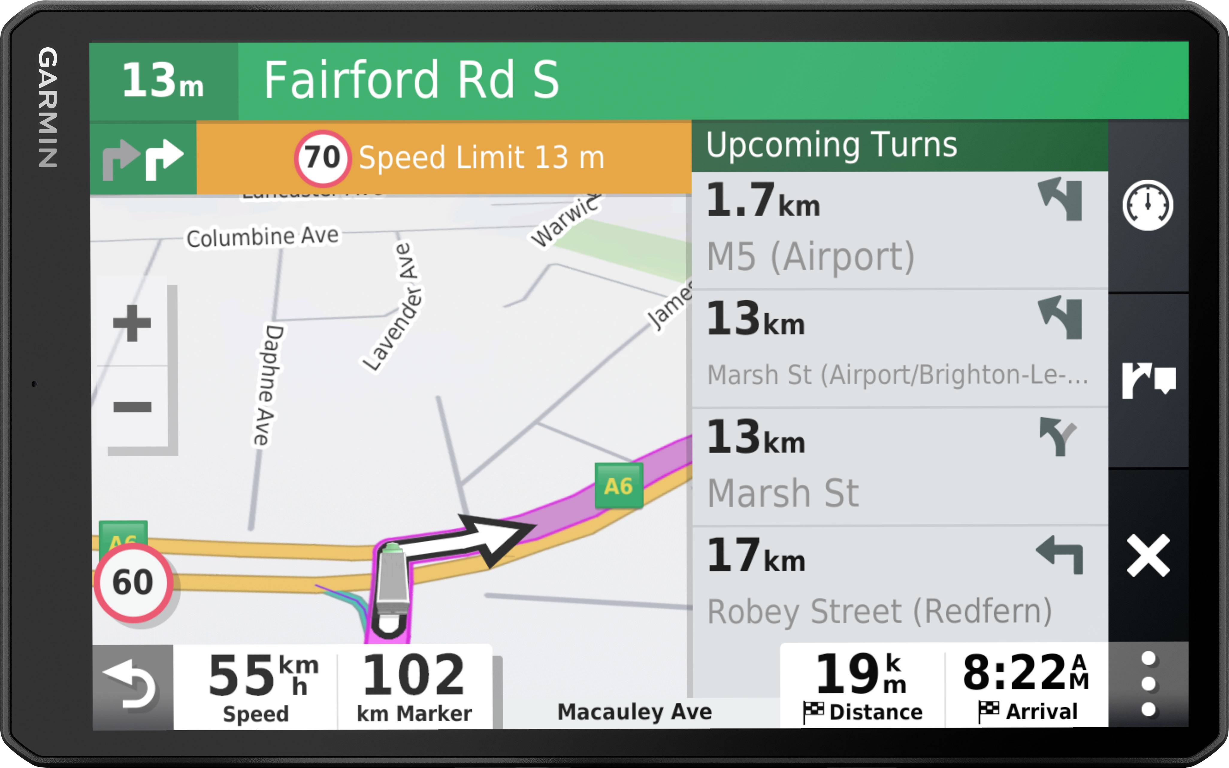 A satellite navigation device shows 'Fairford Rd S'. Current speed: 55 km/h. Next turning instruction: 1.7 km to M5 (Airport).