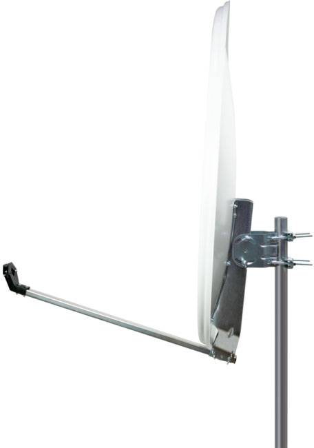 Satellite dish viewed from the side, mounted on a metal pole, showing its semicircular shape and LNB arm.