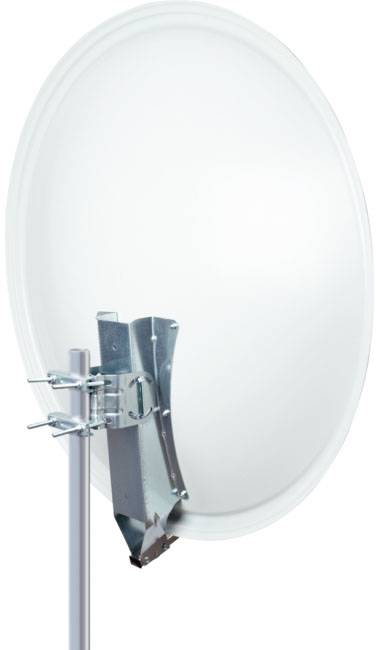 White satellite dish mounted on a metal bracket, against a light background. Used for television and internet reception.
