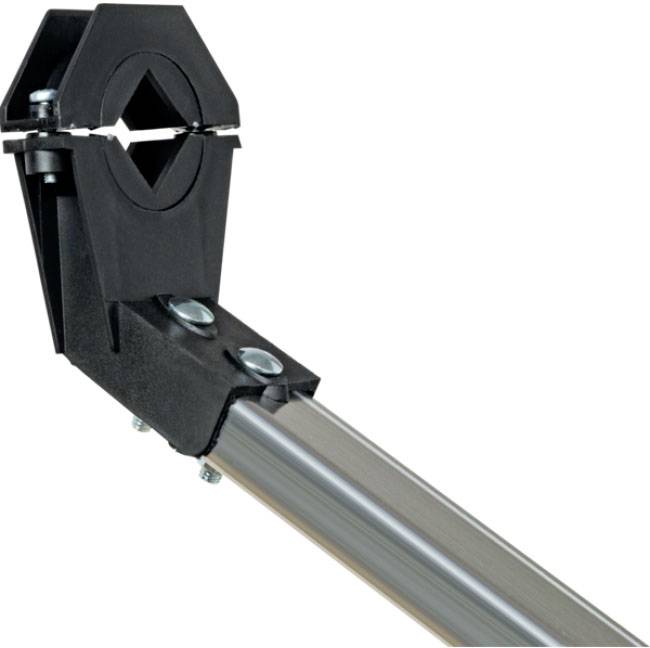 A black bracket secures a silver pipe at an angle. The bracket is fastened with screws.