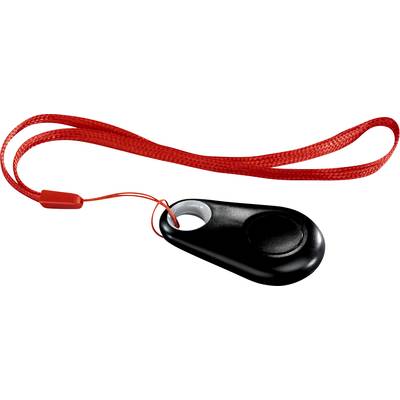 Black key fob with a red ribbon, suitable for access control, attached to a red lanyard.