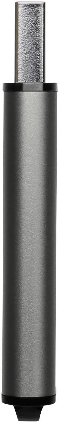 A silver, cylindrical metal tube oriented vertically. It is bordered by black edges at the top and bottom.