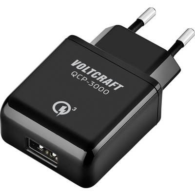 Black USB wall charger with two round pins, labeled 'Voltcraft QCP-3000'. Features a lightning bolt symbol, indicating Quick Charge capability.